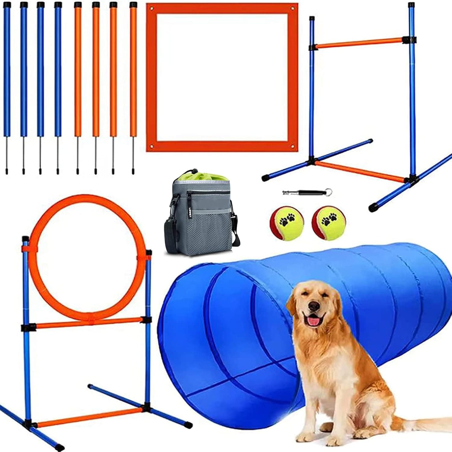 Dog Agility Training Kit (Tunnel, Hurdles, Weave Poles)