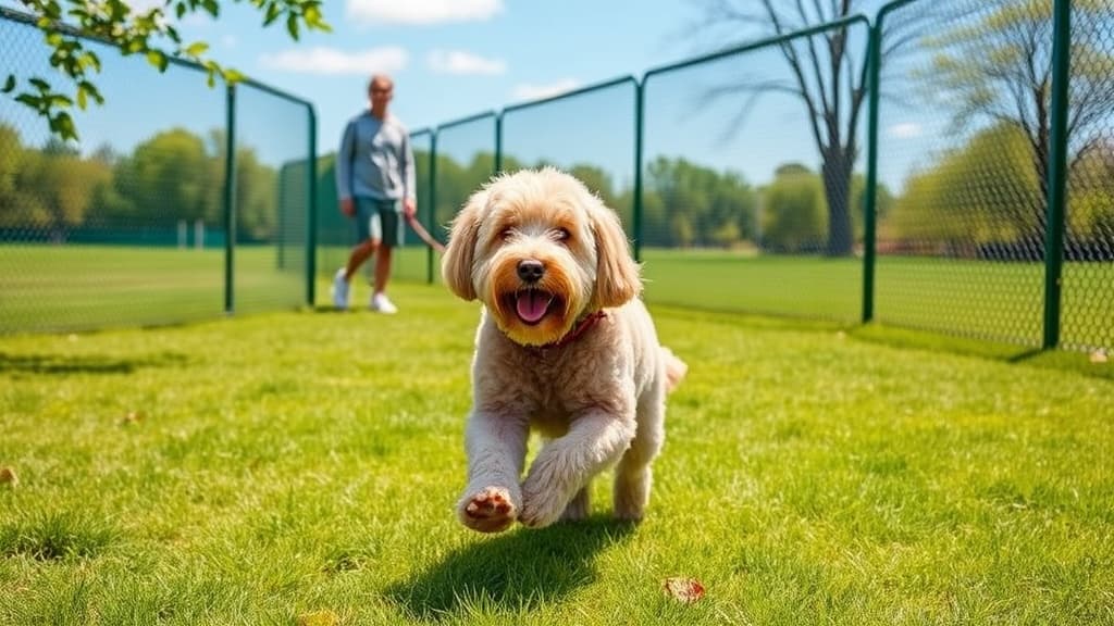 A happy dog running off-leash at a fenced dog park on a sunny day, owner watching nearby
